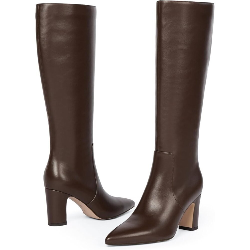 Women Dark Brown Chunky Heel Pointed Toe Side Zipper Fall Dresy Comfortable Boot - Picture 8 of 9